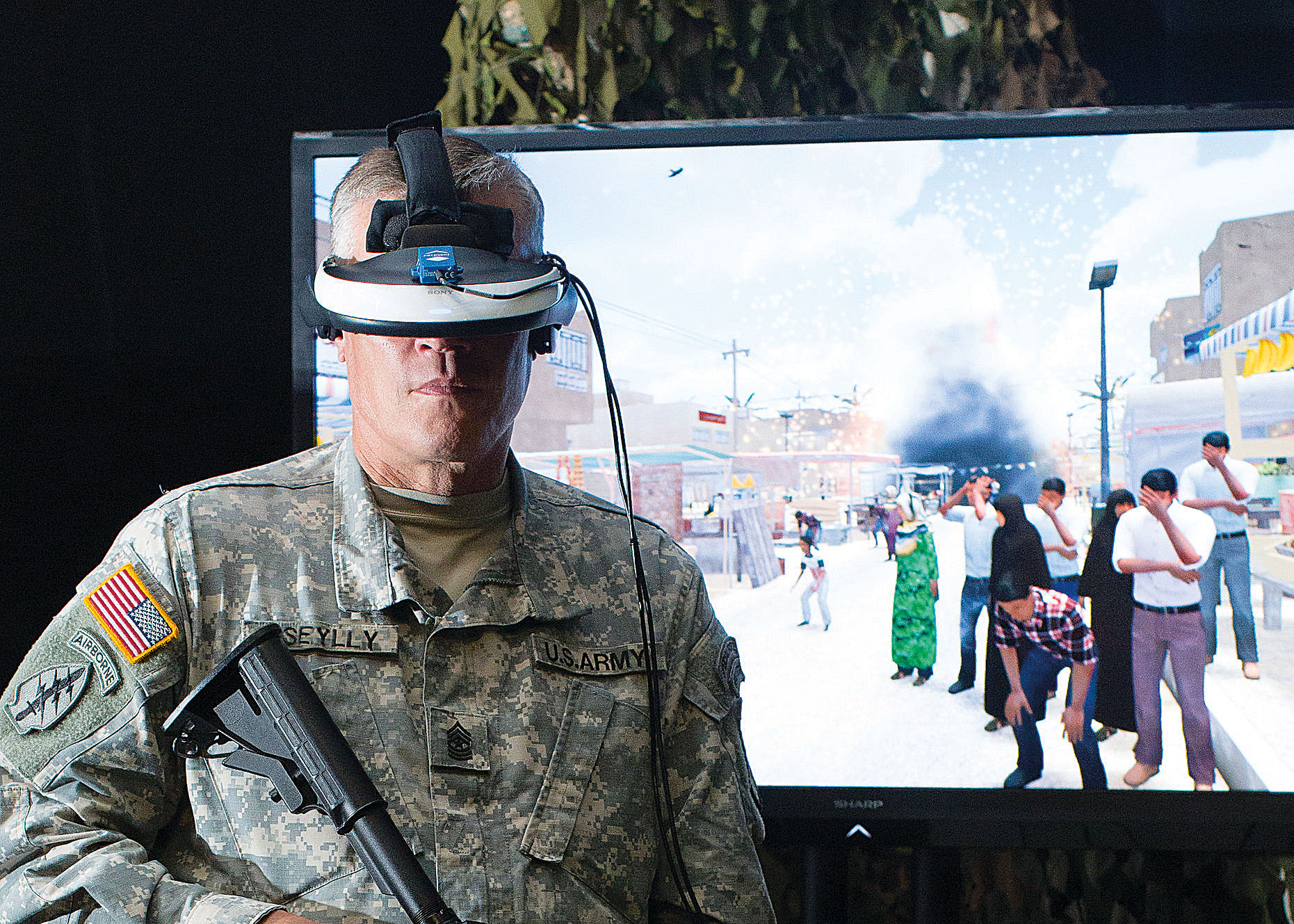 Virtual reality therapy session at USC ICT demonstrating graded exposure for PTSD treatment.